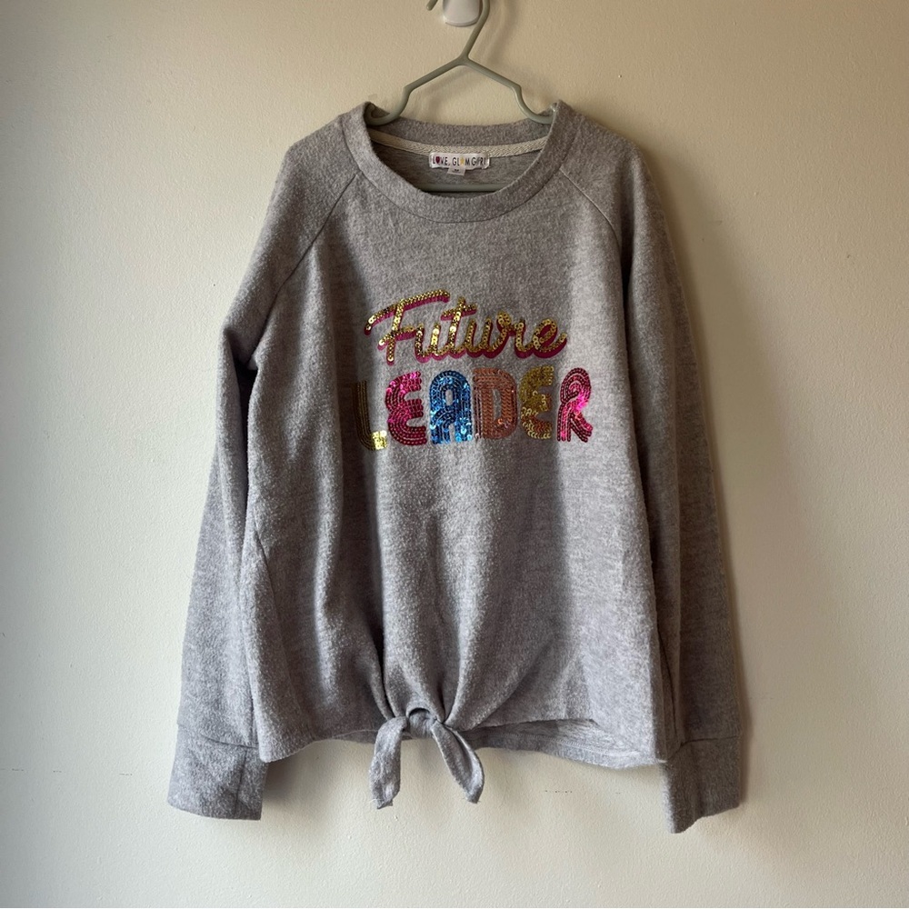 🌼 5/$20 Love Glam Girl “Future Leader” Sequin Tie-Front Sweatshirt Gray Medium